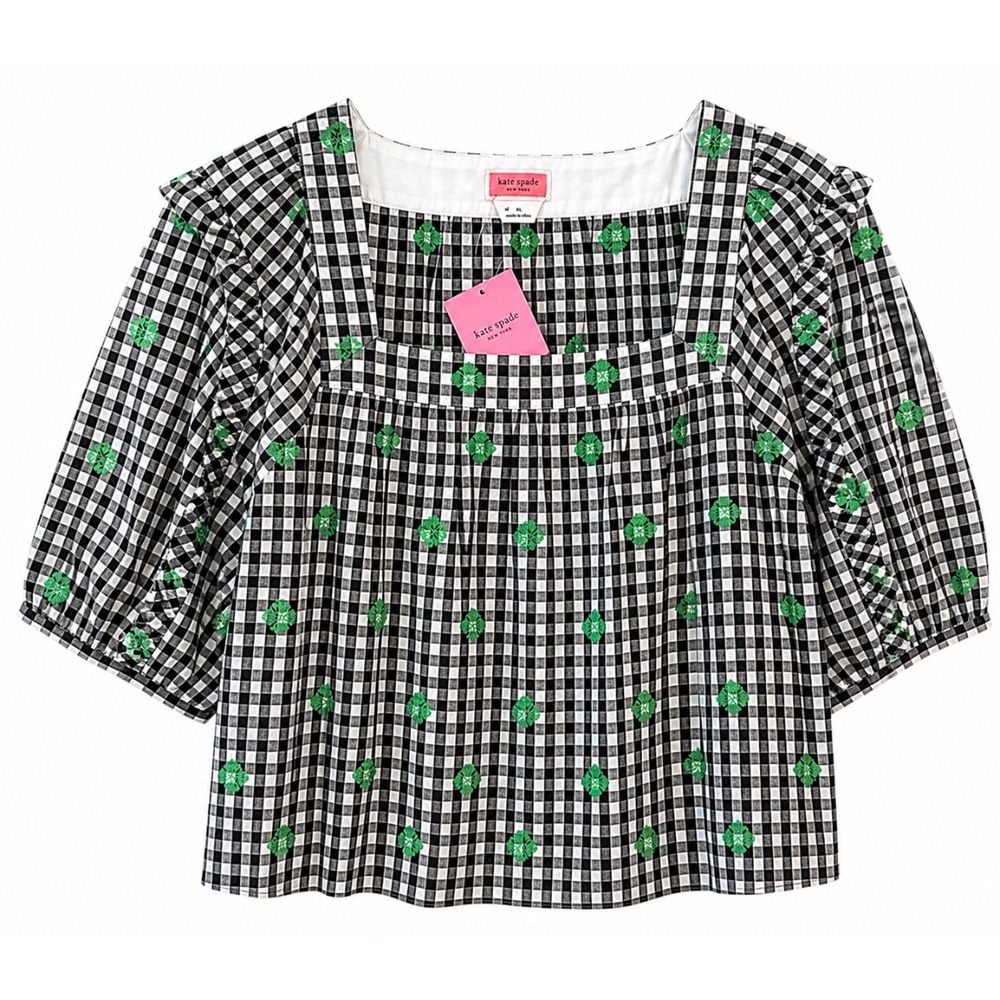 Kate Spade New York Gingham Embroidered Top XL Black White‎ Puff Sleeve NWT